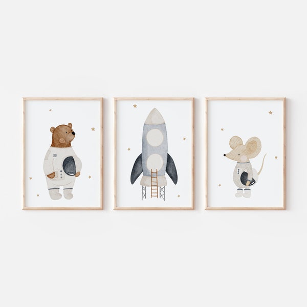 Poster Weltraum A4 A3 Kinderposter Weltraum Poster Kinderzimmer A3 Poster Weltall Rakete Astronaut Poster Tierposter Bär Maus Fahrzeuge