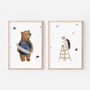 Posterset Bär und Igel Planet und Sterne A4 & A3 Kinderposter Poster Kinderzimmer Poster Baby Geschenk Mädchen Geschenk Junge Poster Kinder
