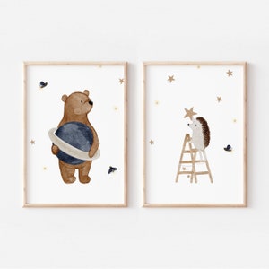 Poster bear and hedgehog planet and stars A4 & A3 children's poster poster children's room poster baby gift girl gift boy poster children