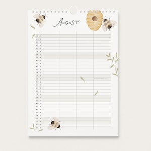 May include: A wall calendar page for August featuring a white background with a grid for daily entries. The design includes watercolor illustrations of bees, a beehive, and green leaves. The month name August is written in black script.