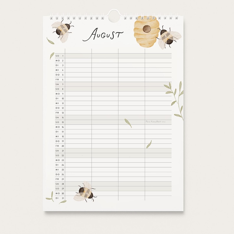 May include: A wall calendar page for August featuring a white background with a grid for daily entries. The design includes watercolor illustrations of bees, a beehive, and green leaves. The month name August is written in black script.