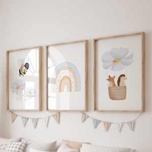 Posterset blau A4 | Biene Rucksack u. Regenbogen blau u. Heißluftballon blaue Blume | Kinderposter Poster Kinderzimmer Tierposter Frühling