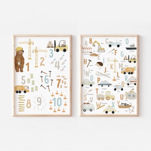 Posterset Zahlen und Alphabetposter mit Fahrzeugen A4 A3 ABC Poster Kinderposter Poster Kinderzimmer Poster Geschenk Junge Poster Fahrzeuge