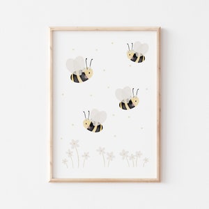Poster Biene Blumen weiß A4 & A3 Kinderposter Poster Kinderzimmer Poster Baby Geschenk Mädchen Poster Jungs Deko Kinderzimmer Tierposter