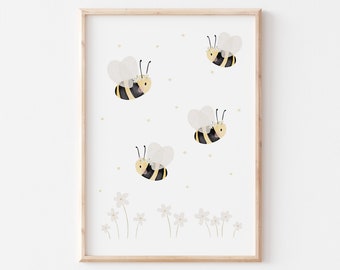 Poster bee flowers white A4 & A3 children's poster poster children's room poster baby gift girls poster boys decoration children's room animal poster