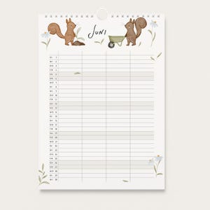 May include: A wall calendar page for the month of June featuring two brown squirrels, one planting a flower and one with a wheelbarrow. The page includes a grid for daily scheduling with dates numbered 1 through 30 and days of the week listed.