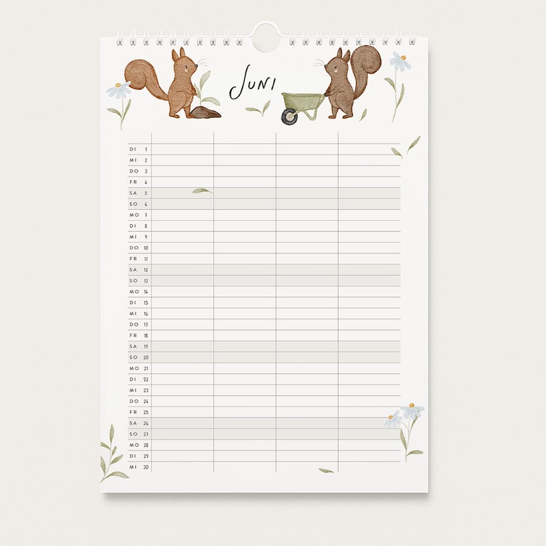 May include: A wall calendar page for the month of June featuring two brown squirrels, one planting a flower and one with a wheelbarrow. The page includes a grid for daily scheduling with dates numbered 1 through 30 and days of the week listed.