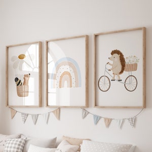 Posterset A4 | Heißluftballon Gänseblümchen u. Regenbogen blau u. Igel Fahrrad | Kinderposter Poster Kinderzimmer Tierposter Frühling