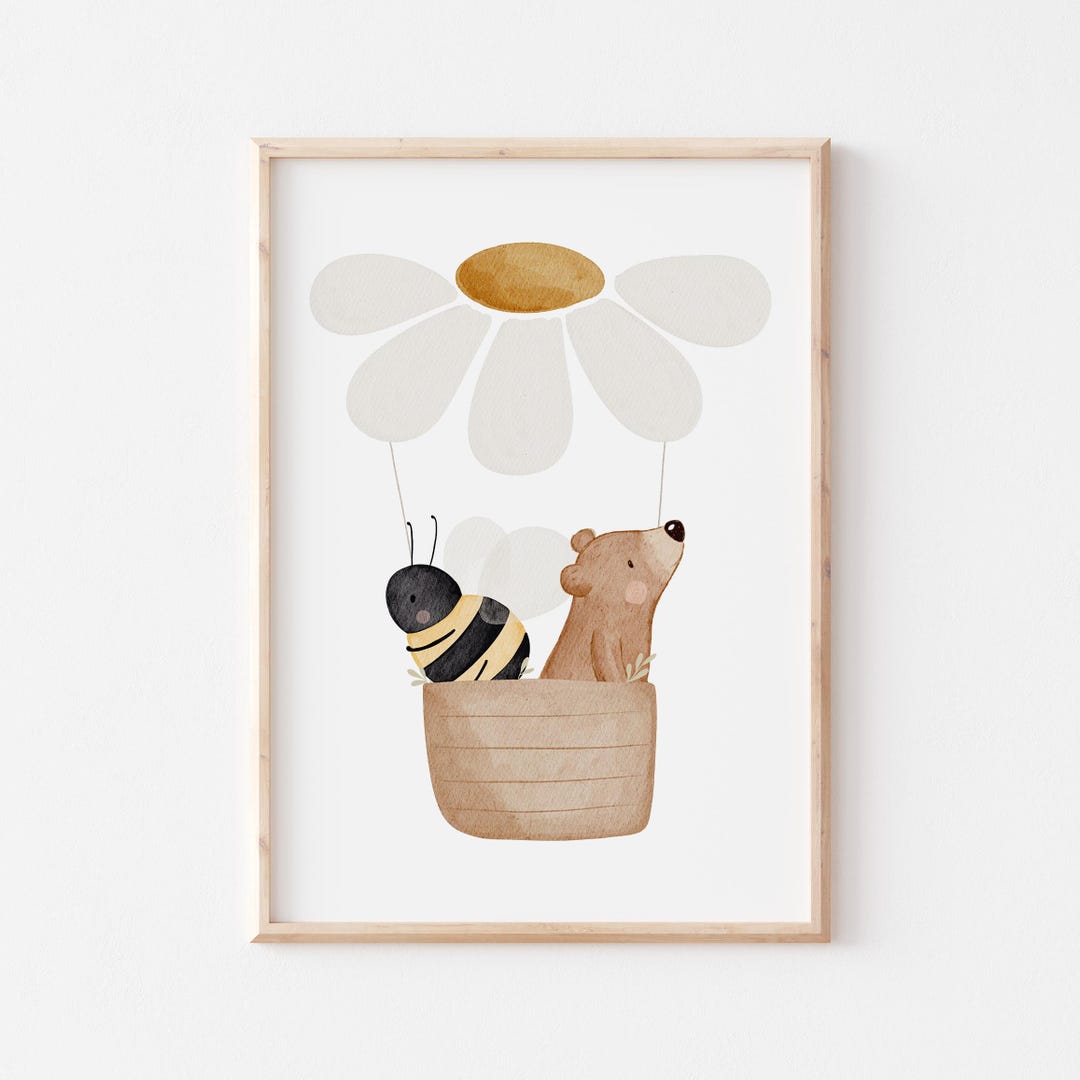 Children's Poster A4 Hot Air Balloon Daisy Bear & Bee | Nursery Poster ...