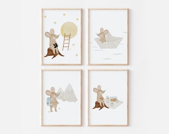 Poster Mouse Moon Trip A4 A3 Children's Poster Poster Children's Room Poster Baby Gift Girl Gift Boy Poster Children Animal Poster