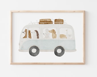 Poster Tierbus A2 A3 A4 Kinderposter Poster Kinderzimmer Poster Baby Geschenk Mädchen Geschenk Junge Poster Kinder Tierposter Fahrzeuge Bild