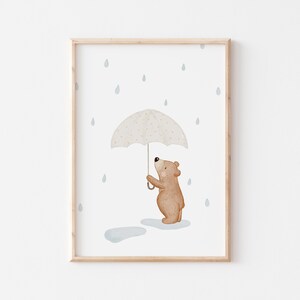Poster Kleiner Bär im Regen für Kinder A4 Kinderposter Poster Herbst Kinderzimmer Poster Baby Geschenk Poster Kinder Jungs Deko Kinderzimmer