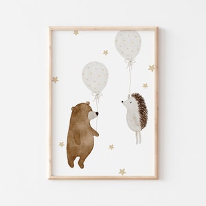 Poster Bear and Hedgehog Balloon A4 & A3 Children's Poster Poster Children's Room Poster Baby Gift Girl Gift Boy Poster Children Animal Poster