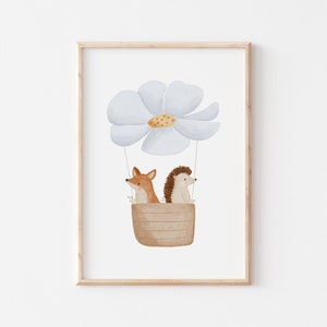 Poster Heißluftballon blaue Blume A4 & A3 Kinderposter Poster Kinderzimmer Poster Baby Geschenk Mädchen Poster Kinderzimmer Tierposter