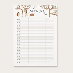 May include: A wall calendar page for November featuring a watercolor illustration of hedgehogs harvesting apples from trees. The design includes a basket of apples, a ladder, and a grid layout with thirty days listed in a column on the left side.