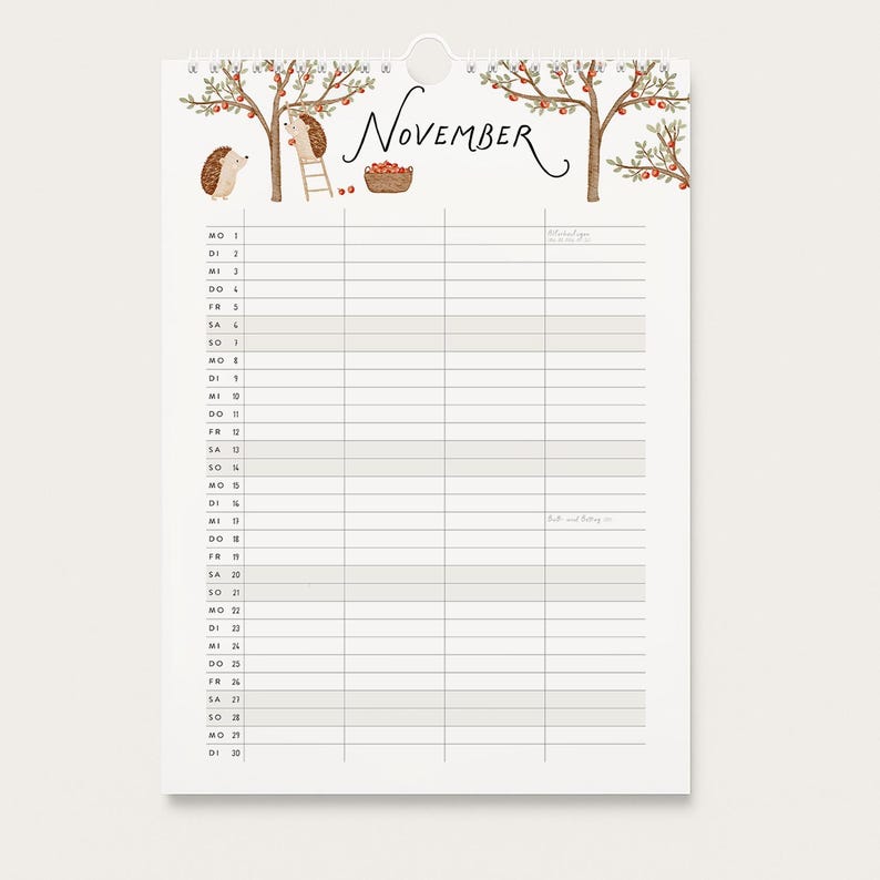 May include: A wall calendar page for November featuring a watercolor illustration of hedgehogs harvesting apples from trees. The design includes a basket of apples, a ladder, and a grid layout with thirty days listed in a column on the left side.