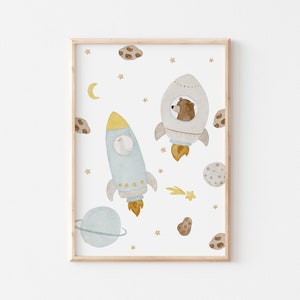 Poster Space Animals Bear & Goose A4 and A3 Children's Poster Poster Children's Room Poster Baby Gift Boy Poster Children Animal Poster