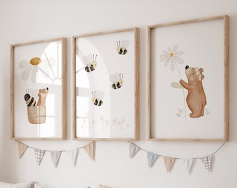 Ensemble d'affiches A4 et A3 | Marguerites en montgolfière, prairie de fleurs d'abeilles blanches, petite fleur d'ours | Affiches pour enfants, affiches pour chambres d'enfants, affiches d'animaux