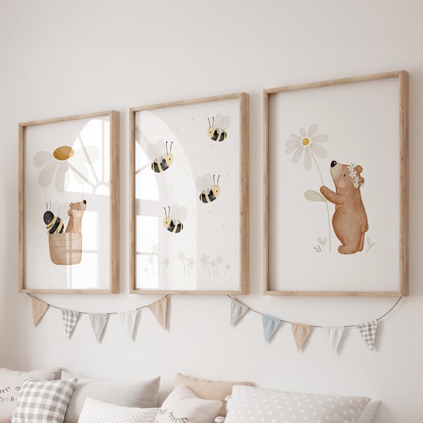 Posterset A4 & A3 | Heißluftballon Gänseblümchen, Bienen Blumenwiese weiß, Kleiner Bär Blume | Kinderposter Poster Kinderzimmer Tierposter