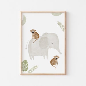 Poster Elefant und Äffchen A4 Kinderposter Poster Kinderzimmer Poster Baby Geschenk Mädchen Geschenk Junge Poster Kinder Tierposter