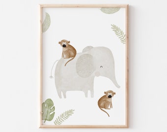 Poster Elefant und Äffchen A4 & A3 Kinderposter Poster Kinderzimmer Poster Baby Geschenk Mädchen Geschenk Junge Poster Kinder Tierposter