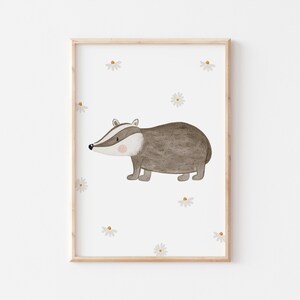 Poster Dachs mit Blumen A4 & A3 Kinderposter Poster Frühling Kinderzimmer Baby Geschenk Poster Kinder Deko Kinderzimmer Tierposter Wald