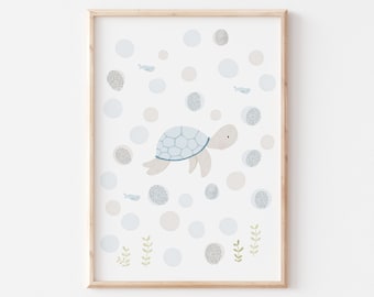 Poster guests turtle sea fingerprints A4 guest poster children's poster children's room poster baby shower poster thumb prints baptism picture