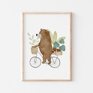 Poster Bär Fahrrad Pflanzen A4 A3 Kinderposter Poster Kinderzimmer A3 Poster Baby Geschenk Mädchen Geschenk Junge Poster Kinder Tierposter