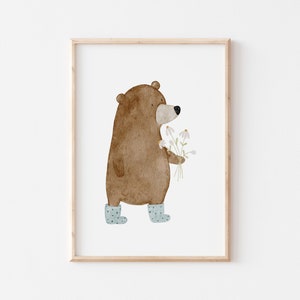 Poster Bär mit Blume A3 A4 Kinderposter Poster Kinderzimmer Poster Baby Geschenk Mädchen Geschenk Junge Poster Kinder Tierposter