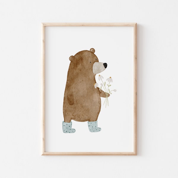 Poster bear with flower A2 A3 A4 children's poster poster children's room poster baby gift girl gift boy poster children animal poster