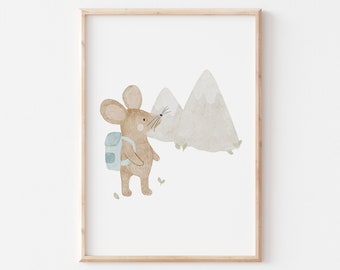 Poster Mouse Hike A4 A3 Children's Poster Poster Children's Room Poster Baby Gift Girl Gift Boy Poster Children Animal Poster