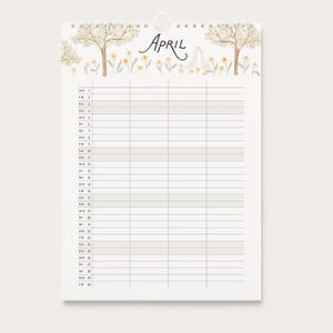 May include: A wall calendar page for April featuring a top illustration of two white geese, yellow flowers, and trees. The grid below lists days of the month from 1 to 30 with columns for scheduling. The text April is written in black script at the top.