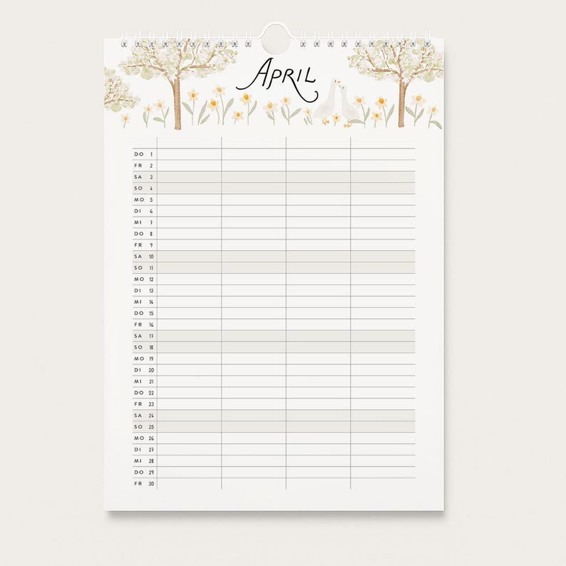 May include: A wall calendar page for April featuring a top illustration of two white geese, yellow flowers, and trees. The grid below lists days of the month from 1 to 30 with columns for scheduling. The text April is written in black script at the top.