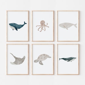 Posterset Meerestiere A4 A3 Kinderposter Poster Kinderzimmer Poster Mädchen Geschenk Junge Poster Kinder Tierposter Wal Rochen Oktopus