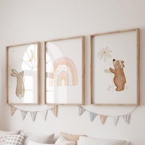 Posterset A4 | Hase Mond u. Regenbogen rosa u. kleiner Bär Blume | Kinderposter Poster Kinderzimmer Tierposter Frühling