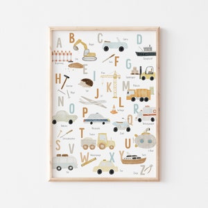 Poster alphabet poster with vehicles and tools A2 A3 A4 children's poster children's room ABC poster gift boy poster vehicles tools