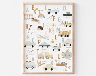 Poster alphabet poster with vehicles and tools A2 A3 A4 children's poster children's room ABC poster gift boy poster vehicles tools