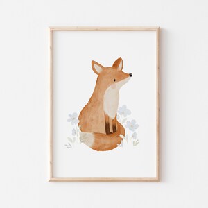 Poster Fuchs blaue Blumen A4 & A3 Kinderposter Poster Kinderzimmer Poster Baby Geschenk Mädchen Poster Jungs Deko Kinderzimmer Tierposter