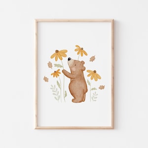 Poster kleiner Bär gelbe Blumen A4 Kinderposter Poster Kinderzimmer Poster Baby Geschenk Mädchen Poster Kinder Bärenposter Deko Kinderzimmer