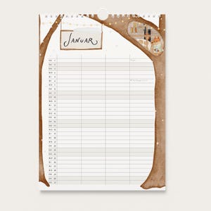 May include: A wall calendar for the month of Januar featuring a brown tree trunk border with string lights. The top includes a sign labeled Januar and a small window illustration showing a fox holding a mug. The grid has rows for dates.