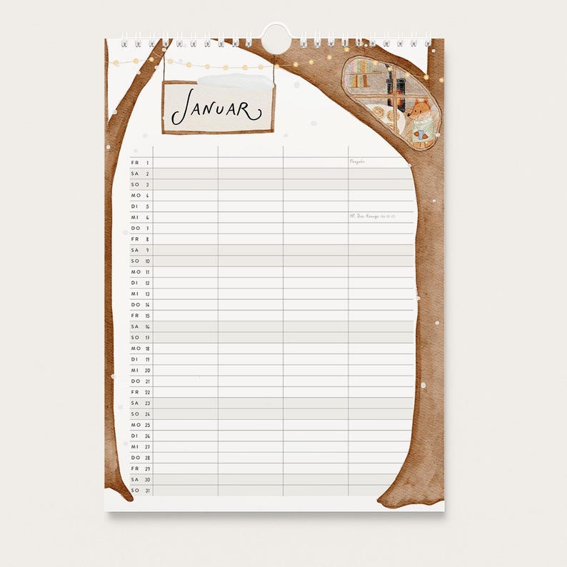 May include: A wall calendar for the month of Januar featuring a brown tree trunk border with string lights. The top includes a sign labeled Januar and a small window illustration showing a fox holding a mug. The grid has rows for dates.
