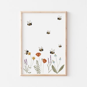Poster Wildblumen und Hummeln A4 A3 - Kinderposter Poster Kinderzimmer Poster Baby Geschenk Mädchen Poster Biene Blumenwiese