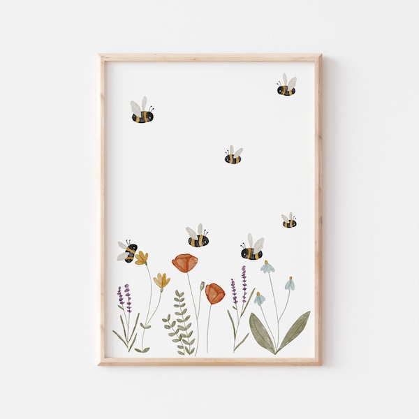 Poster Wildblumen und Hummeln A4 A3 A2 - Kinderposter Poster Kinderzimmer Poster Baby Geschenk Mädchen Poster Biene Blumenwiese