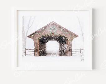 Signed Covered Bridge Christmas Art Print, Snowy Winter Scene