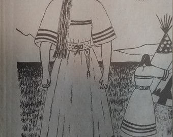 May include: A black and white line drawing of a woman wearing a long dress with a belt and a headband. The woman is standing in a field of grass with a teepee in the background. The text "Green River Forge" is at the top of the image.