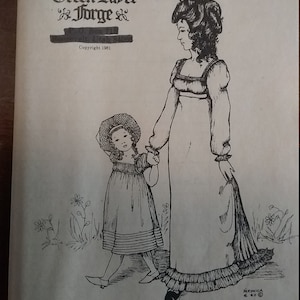 May include: A black and white line drawing of two girls wearing dresses. The girl on the left is wearing a dress with a frill at the bottom and the girl on the right is wearing a dress with a frill at the bottom and a frill at the top. The drawing is on a white background. The text "Green River Jorge &" is at the top of the drawing. The text "PO Box 716 Roosevelt, Utah 84066" is below the drawing. The text "Copyright 1981" is below the text "PO Box 716 Roosevelt, Utah 84066". The text "Little Girls Dress Small Medium Large 4-6 8-10 12-14" is at the bottom of the drawing.