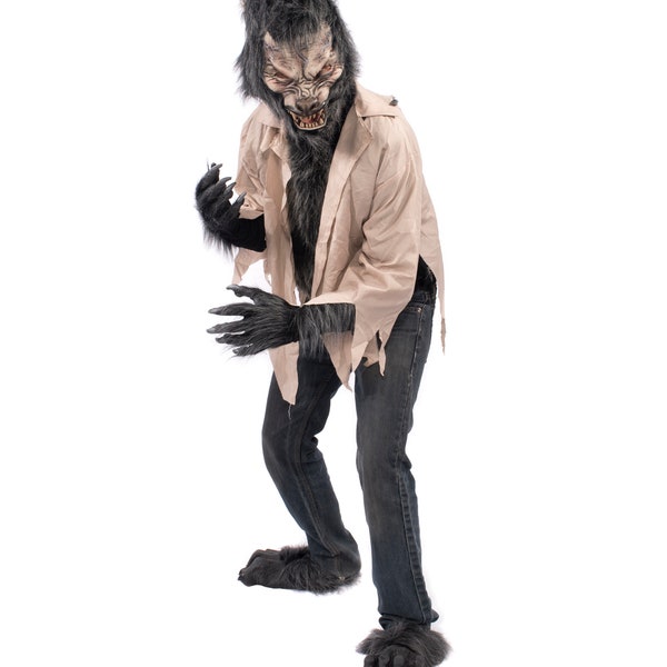 Werewolf Costume Wolf Gray Dog Beast Monster Behemoth Ogre Mask Shirt Gloves Pants Feet Scary Frightening Ugly Halloween Cosplay K3MA1009