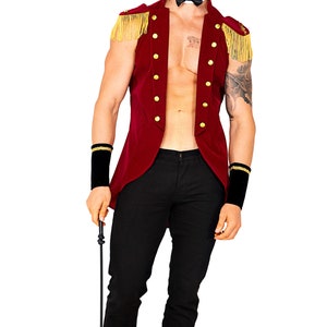 Ringmaster Costume Mens Black Red Gold Lion Tamer Master of Ceremonies Collar Bowtie Cuffs Jacket Epaulettes Hat Cosplay Halloween 4-PC 5099