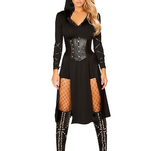 Queens Assassin Costume Womens Black Hooded Dress Arm Wrap Hoodie Waist Cincher Shorts Terminator Sexy Seductive Cosplay Halloween 3-PC 4845