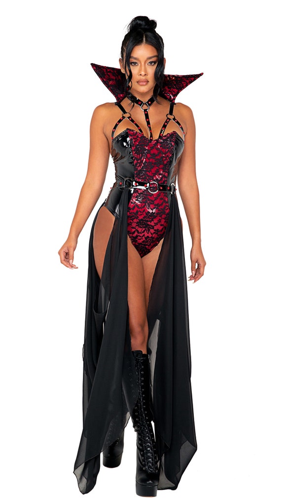 Vampire Costume Womens Black Red Collared Vinyl Bodysuit Harness